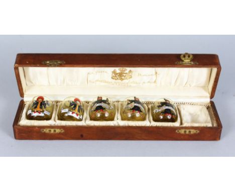 A SET OF FIVE AUSTRIAN TOTS with enamel decoration in a wooden box for six.