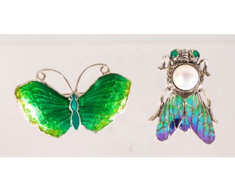 TWO SILVER AND ENAMEL BUG BROOCHES.