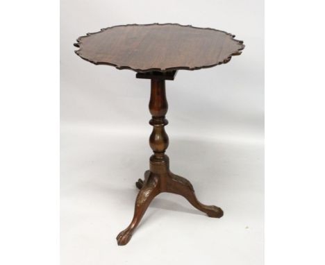 A VERY GOOD GEORGE III PIE CRUST TRIPOD TABLE, with bird cage support and carved tripod legs. 2ft 8ins high, 2ft 2ins wide.