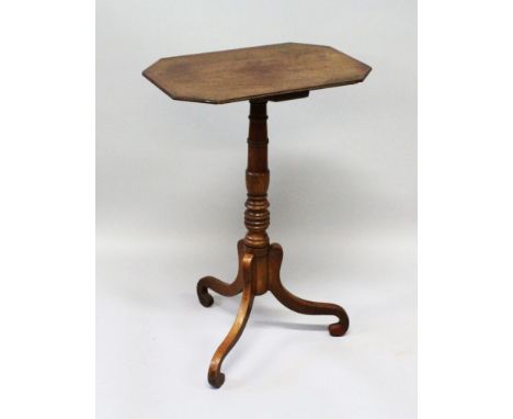 A SMALL 19TH CENTURY TRIPOD TABLE, the top with canted corners, on centre turned pillar. 2ft 4ins high.