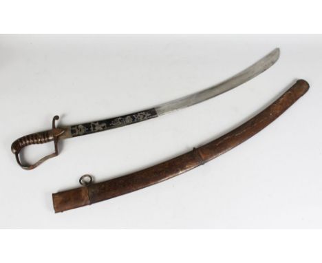 A 1796 PATTERN LIGHT CAVALRY OFFICERS SWORD, with wire band, wooden grip, curved steel knuckle bow, the blued and etched curv