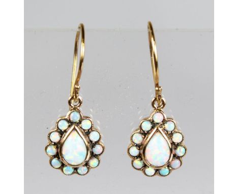 A GOOD PAIR OF 9CT YELLOW GOLD GILSON OPAL DROP EARRINGS.