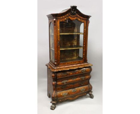 AN 18TH-19TH CENTURY DUTCH MAHOGANY AND MARQUETRY STANDING CABINET ON COMMODE, the top with glass panel door and sides, shape