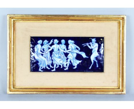 DUJARDIN.  A BLUE AND WHITE ENAMEL PLAQUE, Pan and The Nymph. 4ins x 8.5ins, in a gilt frame.