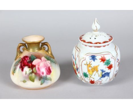 A ROYAL WORCESTER SQUAT TWO HANDLED HADLEY SHAPED VASE painted with roses shape H/155, date code for 1913 and a vase and cove