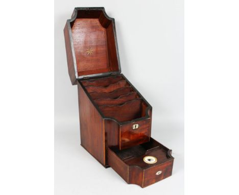 AN UNUSUAL GEORGE III MAHOGANY SERPENTINE FRONTED STATIONERY BOX with rising top, fitted interior over a sliding drawer to th