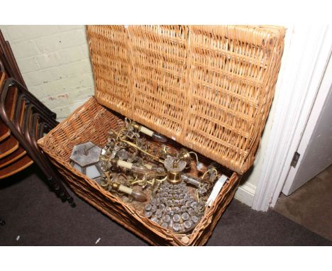Collection of ceiling light fittings, wicker hamper basket, wicker baskets.