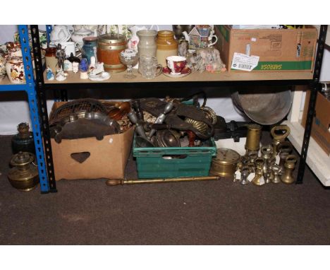 Collection of metalwares, scales, bell weights, oil lamp spares, bird cage, miners lamp, etc.