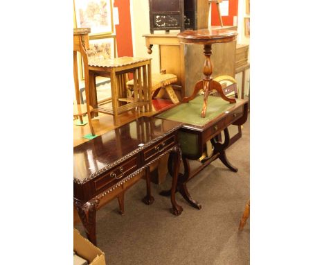 Mahogany two drawer console table on ball and claw legs, two drawer sofa table and circular pedestal occasional table (3).