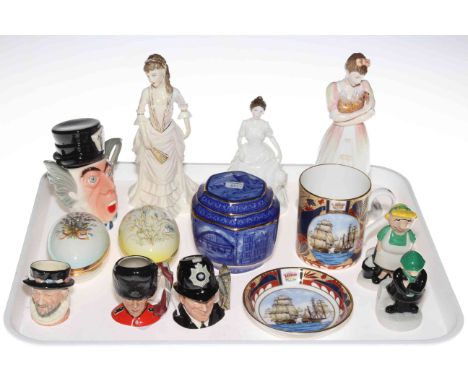 Three Royal Doulton figures (two signed), Worcester Nelson mug and dish, three small Royal Doulton character jugs, Wade Andy 
