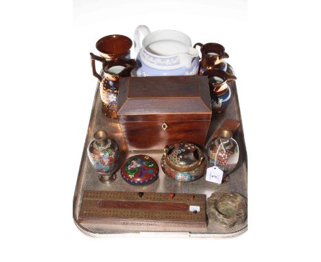 Four pieces of cloisonne, copper lustre, relief jug, tea caddy, snuff boxes and cribbage board.