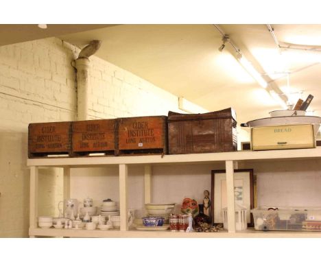 Three vintage cider crates, tin trunk and enamel wares.