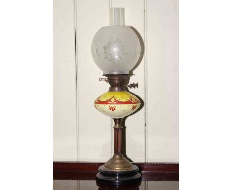 Brass column oil lamp with decorated yellow glass reservoir and frosted and etched glass shade.