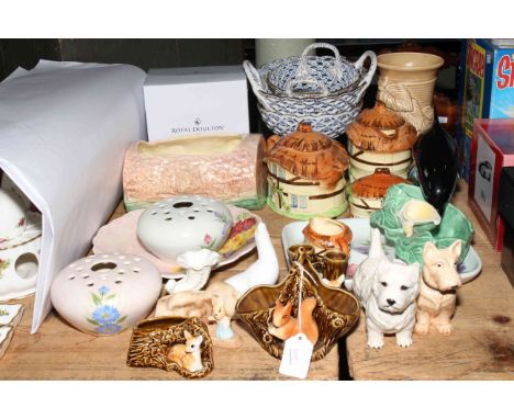 Three German Walter porcelain baskets, Dulux dog, Cottage Ware, and pieces by Radford, Sylvac, Beswick and Poole.