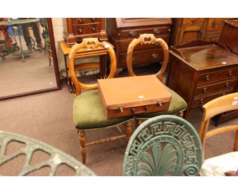 Victorian mahogany miniature scotch chest, nest of three teak G. Plan tables, pair Victorian parlour chairs and vintage suitc