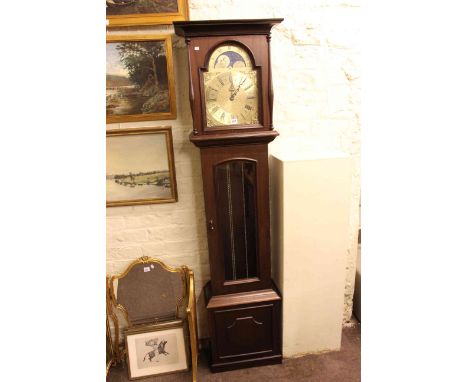 Modern triple weight longcase clock having moon-phase dial, 187cm by 48cm.