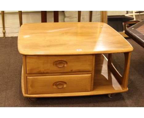 Ercol Windsor two drawer low centre table, 40cm by 80cm by 80cm.