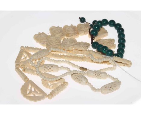 Two vintage ivory/bone necklaces and panel bracelet, and green bead bracelet (4).