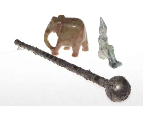 Carved hardstone seated figure, soapstone elephant, and white metal opium pipe/holder? (3).
