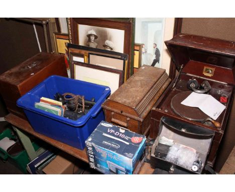 Mamod traction engine, Bakelite telephones, cased sewing machines, brass fender, gramophone, cameras, prints, etc.
