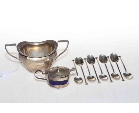 Silver sugar basin, coffee spoons and mustard pot.