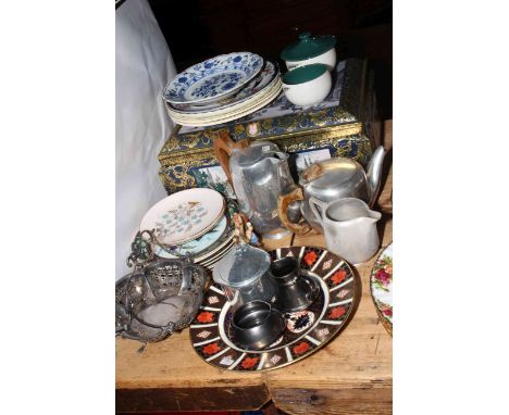 Piquot tea service, Royal Crown Derby Imari plate, collectors plates, large tin, etc.