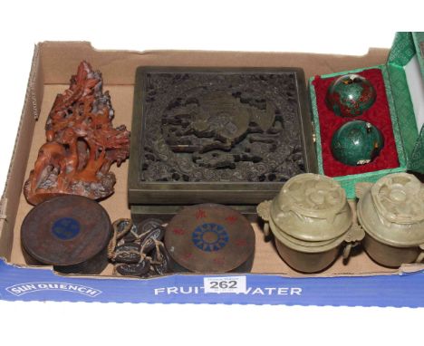Collection of Oriental items comprising two hardstone urns with graduated cups, soapstone carving, pair cloissone balls, carv