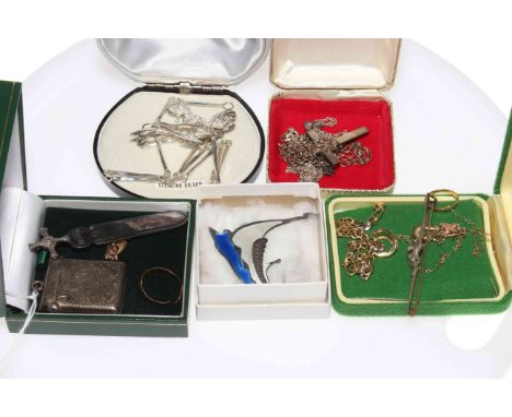 Norwegian silver and enamel Viking ship brooch, silver vesta and bookmark, and item of silver and gold jewellery.