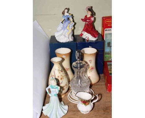 Two Royal Doulton ladies 'Patricia' and 'Rebecca', Coalport 'Tender Thoughts', pair of Devon Ware and Crown Ducal vases, Crys