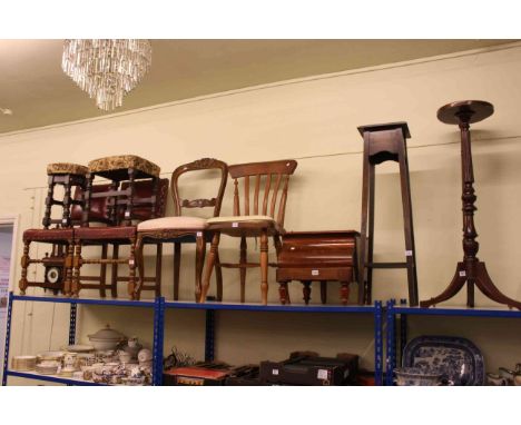 Three various plant stands, Victorian mahogany commode stool, four various side chairs, two stools and barometer (11).