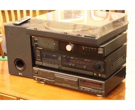 Pioneer and Technics music system, amp and two boxes of LP records and compact discs.