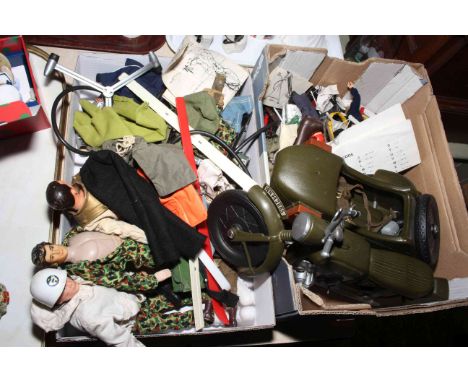 Two boxes with Action Man figures, etc.