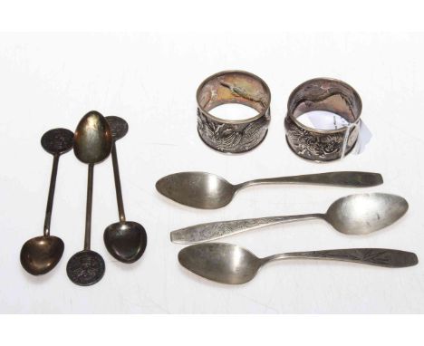 Pair Chinese silver napkin rings, Shanghai Police and other spoons (8).
