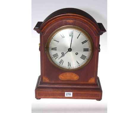 Edwardian inlaid mahogany arch top mantel clock with silvered dial, 37cm high.