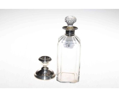 Silver mounted decanter, London 1800 and silver dwarf candlestick (2).