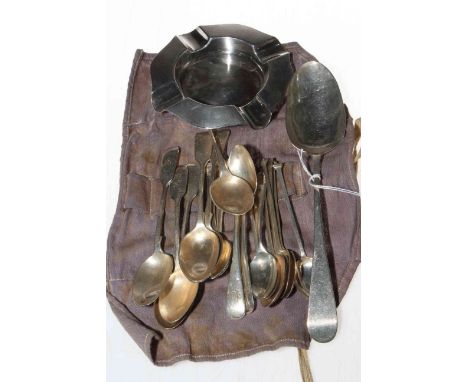 Various silver teaspoons, Georgian silver tablespoon, and engine-turned ashtray.