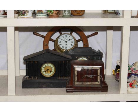 Ships wheel clock, two slate inlaid mantel clocks and a square wooden clock.