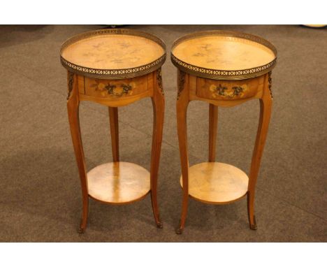 Pair circular Continental inlaid two tier lamp tables, 71cm by 35cm diameter.
