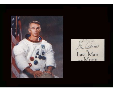 Apollo 17. Last Moonlanding. Signature of Eugene Cernan with WSS portrait. Professionally mounted in black to 16”x12”. Excell