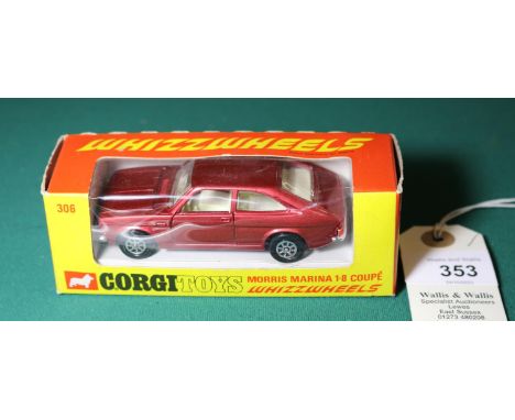 Corgi Whizzwheels Morris Marina 1.8 Coupe (306). An example in metallic cerise with cream interior. Boxed, 8.5/10, some creas