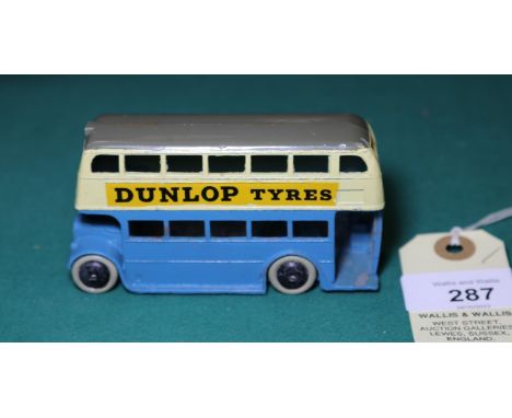 Dinky Toys Double Deck Motor Bus (29c). 1938-1940 example in light blue and cream, with grey roof, AEC/STL front with cutaway