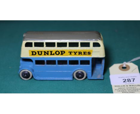 Dinky Toys Double Deck Motor Bus (29c). 1938-1940 example in light blue and cream, with grey roof, AEC/STL front with cutaway