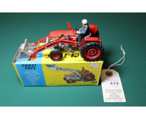 Corgi Toys Massey-Ferguson 165 Tractor With Shovel (69). In red and grey livery, complete with driver, black plastic steering