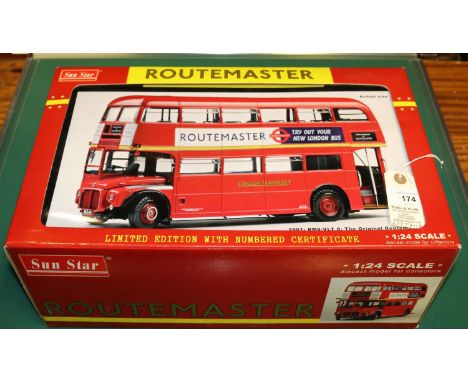 A Sunstar 1:24 scale Routemaster Bus. RM 8 in Lonon Transport red with cream bans. With 'Routemaster - Try  Out Your New Lond