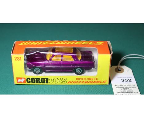 Corgi Whizzwheels Rover 2000TC (281). In metallic purple with yellow interior. Boxed, 8.5/10, minor wear/creasing to window. 