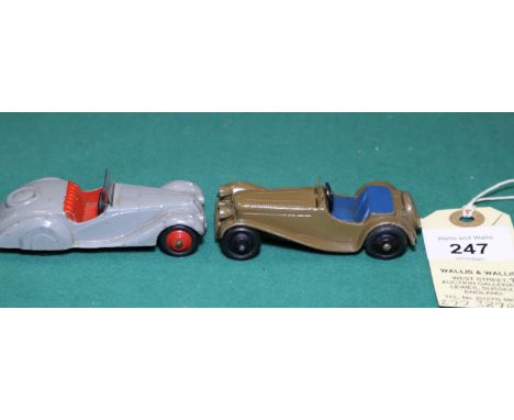 2 Dinky Toys. Frazer-Nash BMW Sports Car (38a). Example in light grey with red seats and ridged wheels, with black rubber tyr