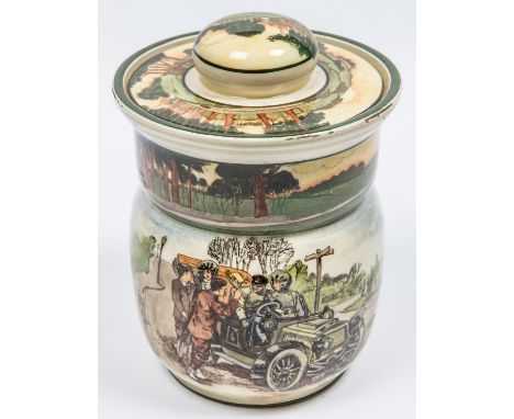 Royal Doulton Motoring series Large size Tobbacco Jar produced between 1903 - 1910. This on says " room for one". Some light 