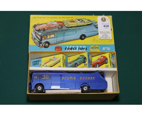 Corgi Major Toys Gift Set No.16 Ecurie Ecosse Racing Car Transporter And Three Racing Cars. Transporter in dark metallic blue