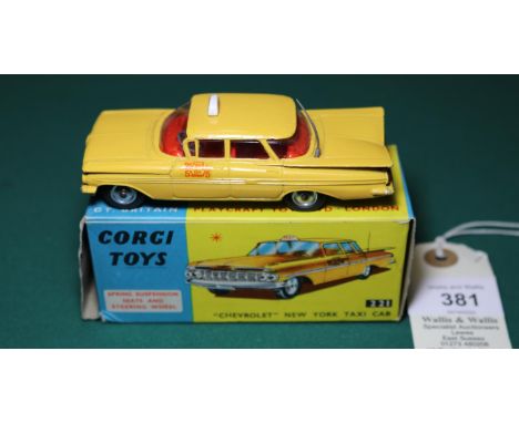 Corgi Toys Chevrolet New York TAXI Cab (221). In deep yellow with red interior, TAXI sign to roof, original aerial mounted to