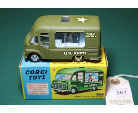 Corgi Toys Army Field Kitchen (359). 'Smith's Karrier Van'. In olive green, with pale blue interior, FIELD KITCHEN' and U.S. 